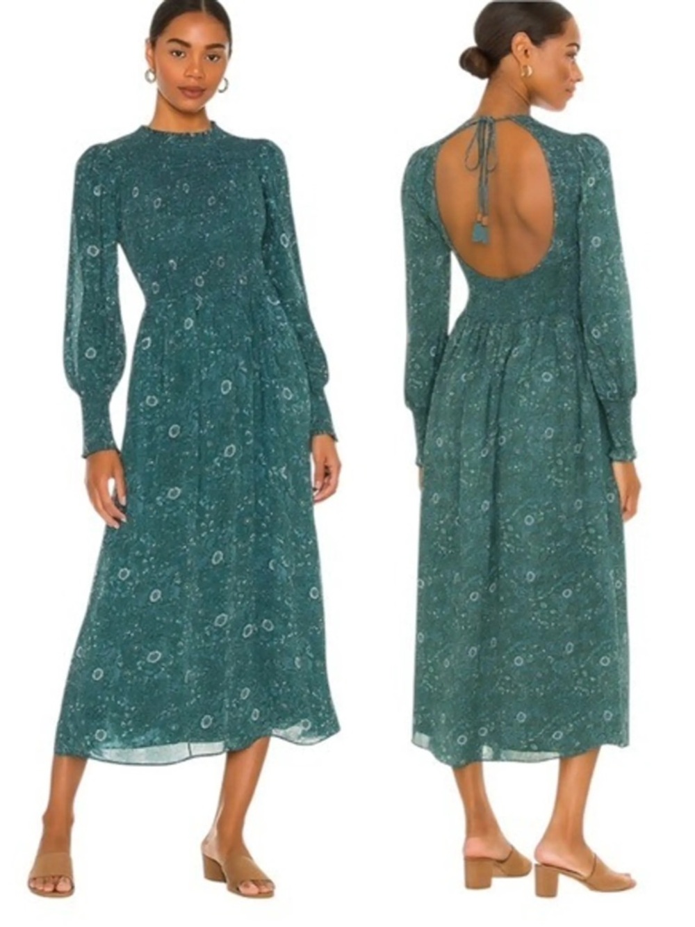 Madewell Cutout Sheer Floral Cottage core Long Sleeve Ruffle Midi Dress Green S